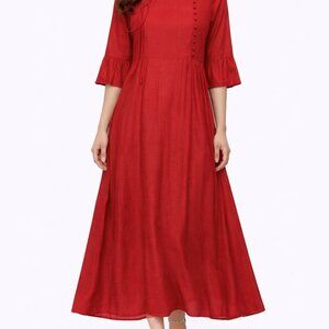 Women’s Red Midi Dress | Tie Detail | Button Accent | Flared Sleeve